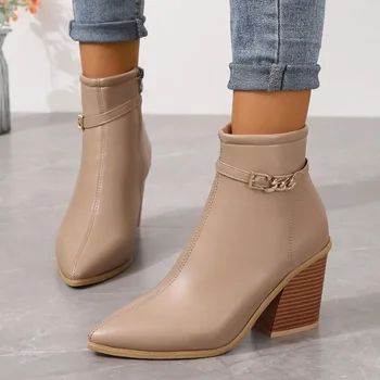 2023 Новая обувь для женщин, женские ботинки с боковой молнией, Элегантные современные ботинки, женские металлические украшения, туфли на массивном каблуке с острым носком, женские туфли
