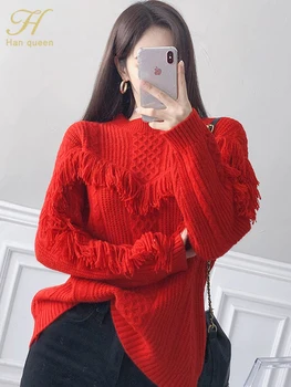 H Han Queen 2023 Зимний Рождественский винтажный свитер Простые Базовые Корейские модные Свободные повседневные пуловеры с длинными рукавами, свитера для женщин