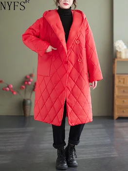 NYFS 2023 Зимняя новая женская куртка на хлопковом пуху, пальто свободного размера, с капюшоном, теплое, однобортное, Оверсайз