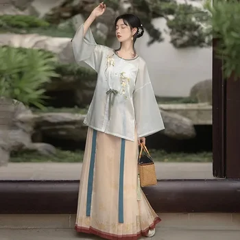 WATER Hanfu Женский Кардиган Ming С круглым вырезом, Традиционное Китайское Платье для женщин, юбка Ma Mian длиной до талии, Полный Комплект Летних