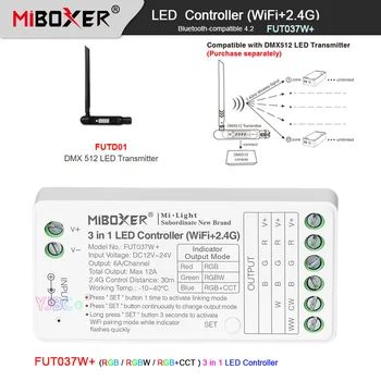 Miboxer Tuya 2.4G WiFi RGB/RGBW/RGBCCT 3 в 1 Контроллер Светодиодной ленты, совместимый с Bluetooth, 4.2 12V 24V DMX512 светодиодный Передатчик