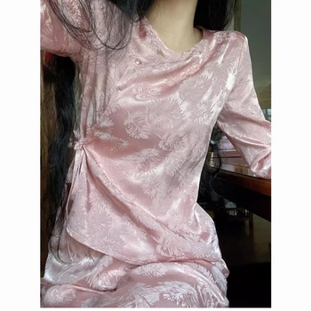 2024 весна и осень, розовое жаккардовое домашнее платье в китайском стиле в стиле ретро, китайский комплект домашней одежды, пижамы с круглым воротником, комплект из двух предметов w120