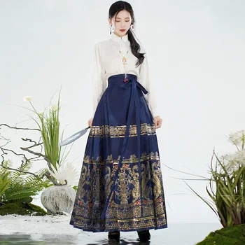 Женский костюм с синей лошадиной юбкой в китайском стиле, Темпераментная короткая куртка, летнее платье с элементами тонкого Хань, современный плюс размер