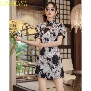 Короткая рубашка в китайском стиле с чернильным принтом, современное усовершенствование, летняя новая одежда для молодых женщин