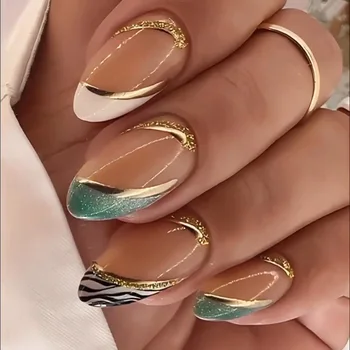 Золотые линии, Блестящие, Зеленые, Белые, Французские накладные ногти миндалевидной формы, съемное полное покрытие, готовые накладные ногти, прижимаются к ногтю клеем