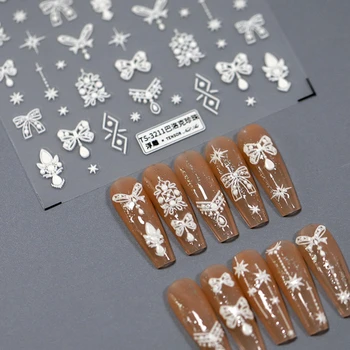 Белый Бант Звезды Ретро 5D Рельефные Рельефы Самоклеящиеся наклейки для дизайна ногтей Модные 3D Наклейки для маникюра Оптом