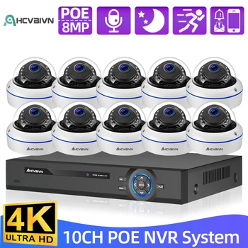 10-канальная система видеонаблюдения Poe IP 4K Система видеонаблюдения NVR с металлическим куполом 8-мегапиксельная IP-камера Комплект видеомагнитофона наружного домашнего видеонаблюдения
