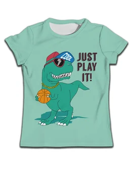 Повседневная футболка с коротким рукавом, детский зеленый топ, детская одежда, рубашки для девочек, детская одежда с рисунком динозавров, играющих в мяч, мультфильм о дне рождения