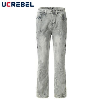 Потертые джинсы в стиле ретро, мужские джинсовые брюки прямого кроя с застежкой-молнией, мужские