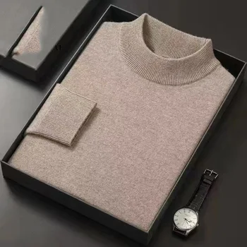 Осенне-зимний модный простой утолщенный теплый однотонный вязаный свитер с кашемировым низом 2023, с высоким воротом, мужской нижний свитер