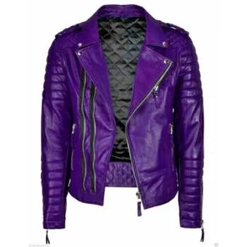 Фиолетовая мужская кожаная куртка из натуральной мягкой овчины ручной работы, модный тренд мотоциклиста