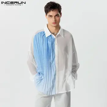 Топы INCERUN 2023, Модные мужские рубашки в полоску градиентного синего цвета в стиле пэчворк, Стильная мужская блузка белого силуэта с длинными рукавами S-5XL