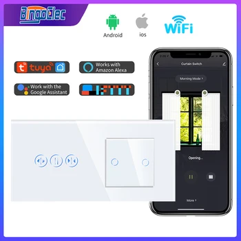Bingoelec 2 Gang Стандарт ЕС Smart Wifi Сенсорный Выключатель С Умной Занавеской Белая Хрустальная Стеклянная Панель Smart Blind Работа С Приложением Tuya