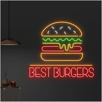 Изготовленная на заказ неоновая светодиодная вывеска для гамбургеров, неоновые вывески для бургеров, фаст-фуд для кухни ресторана, декор стен магазина гамбургеров, логотип, ночник