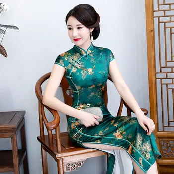 Элегантный Летний зеленый длинный Чонсам, достойный показа на подиуме, Винтажное элегантное китайское традиционное вечернее платье Ципао для женщин