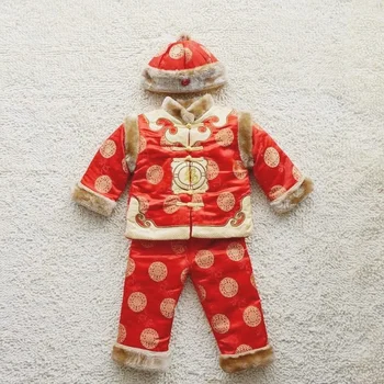 Зимний китайский традиционный новогодний костюм для новорожденного мальчика, красная стеганая теплая шапка, костюм Тан, детский подарок на день рождения, комплект с топом и брюками.