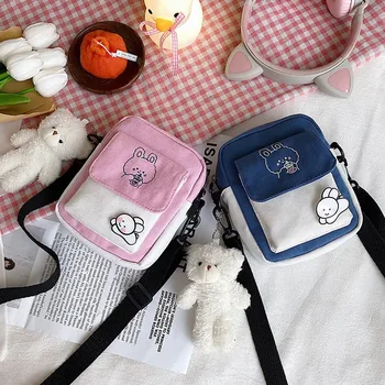 Цельнокроеная детская сумка-мессенджер для девочек, корейский модный милый мультяшный кролик, монета, сумка для телефона для девочки, холщовый рюкзак большой емкости