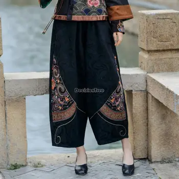 2023 осень-зима, китайский этнический стиль, вышивка, повседневные ретро широкие брюки, свободные эластичные облегающие женские ретро китайские брюки t001