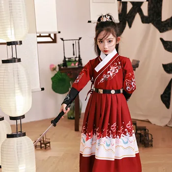 Платье для девочек Hanfu с вышивкой красного карпа в китайском стиле, костюм династии Тан, костюм древней принцессы для детей
