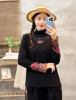 2024 китайская традиционная футболка с национальной цветочной вышивкой, рубашка с воротником-стойкой, винтажные топы hanfu, базовая рубашка с флисовой подкладкой в стиле ретро