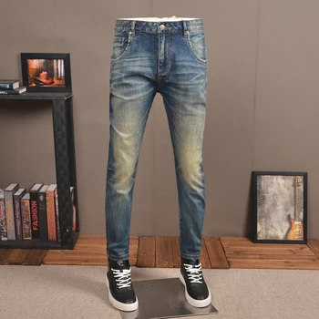 Осенние Винтажные синие джинсы, мужская уличная одежда, Повседневные Приталенные Прямые брюки, Поцарапанные джинсовые брюки в стиле ретро
