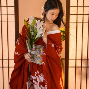Традиционное Японское Кимоно И Оби С Красным Цветочным Принтом, Юката С Длинным Рукавом, Платье Для Косплея На Сцене, Сексуальные Женщины И Девушки