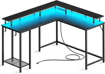 Игровой стол L-образной формы с розетками и светодиодной подсветкой, компьютерный стол с подставкой для монитора, угловой стол для домашнего офиса с крючками