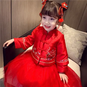 Зимнее платье для девочек, китайские детские платья Hanfu, костюм Baby Tang, пальто и юбка, традиционный Новогодний комплект свадебной одежды с цветочным рисунком