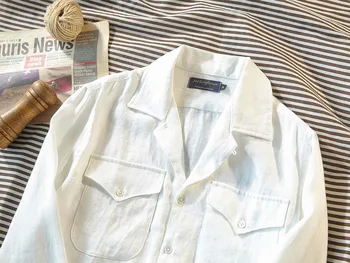 Европейская и американская мужская винтажная льняная гавайская рубашка с кубинским воротником и длинным рукавом в европейском и американском стиле, повседневная тонкая рубашка, Белая рубашка